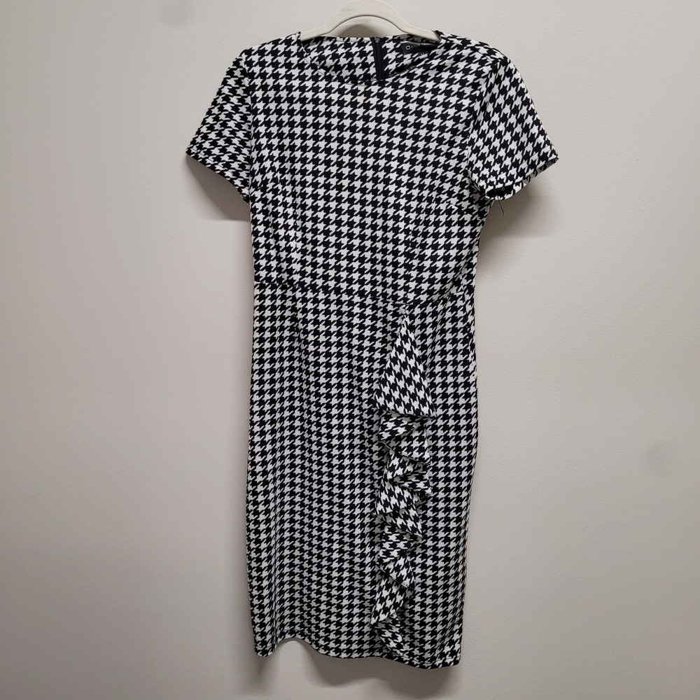Oxiuli Fashion Womens Houndstooth Ruffle Sheath Dress Black White Short Sleeve M